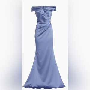 Teri Jon by Rickie Freeman - Slate Blue Satin Off-The-Shoulder Gown